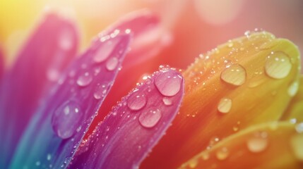 Wall Mural - Vibrant colorful petals glisten with water droplets. This close-up shot captures the beauty of nature with an abstract twist. Explore the vivid hues in detail. Generative AI