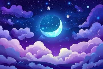 Wall Mural - dreamy night sky with crescent moon and stars illustration digital art fantasy landscape celestial s