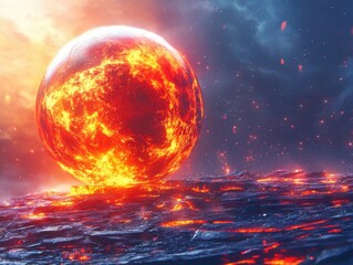 Wall Mural - fiery planet rising over molten lava sea fantasy landscape digital art illustration cosmic event cel