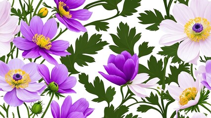 Wall Mural - Flower Japanese Anemones abstract seamless patte on white background