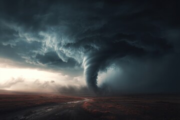 Wall Mural - Dramatic tornado touches down in vast open field under stormy sky wide angle landscape