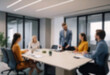 © Adi - having a meeting in a blurry office, the atmosphere of a group of people having a meeting in a natural-themed, modern office with a wooden table, with a blurry office background