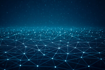 Network digital connections glowing on dark blue surface with particle rain above creating futuristic technology background for innovation concept visuals