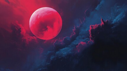 Wall Mural - dramatic red moonscape with towering clouds and celestial glow from low angle view in fantasy settin