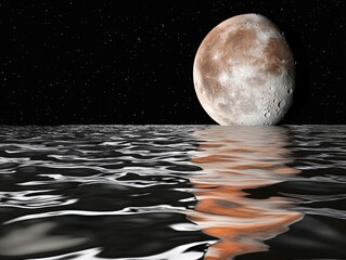 Wall Mural - moon rising over water surface digital art landscape view of planet with craters and reflection in d