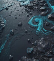 Wall Mural - Swirling indigo and cyan lava stone, abstract ocean texture , background, water