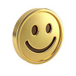 ©  Dream Stocker R - Luxurious golden smiley face coin symbolizing happiness positivity and optimism Isolated On White Transparent Background PNG File Cut Out Social Media Advertisement HD photo Banner Label poster.