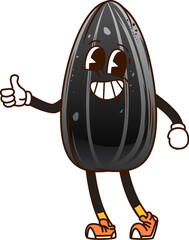 Poster - Cartoon groovy sunflower seed and nut character flashing thumbs up gesture, exuding happy y2k hippie vibe with a wide smile. Vector retro grain healthy food personage wearing trendy vintage sneakers