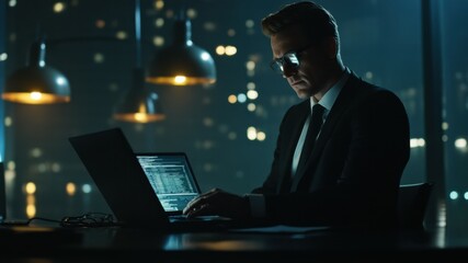 Man in suit uses laptop at night in office