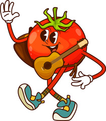Aufkleber - Cartoon groovy tomato cowboy and bandit vegetable character with guitar and cape. Isolated vector funny veg western personage happily waving ready to sing country song. Farm wild west veggie artist