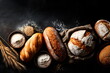 © W.O.W - Various rustic bread loaves, wheat, flour, and grain on a dark background. Concept of baking process, natural ingredients, and healthy food. Top view flat lay with space.