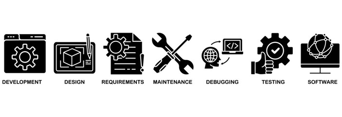 Agile icon set vector illustration concept with icon of development, design, requirements, maintenance, debugging, testing and software
