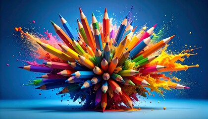 Wall Mural - bright colorful art pencils in a glass on a white background suggest a drawing design