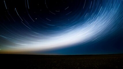 Wall Mural - Star trails over dark horizon with sky glowing with a celestial display of swirling, blue light painting the night sky above land
