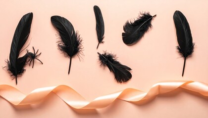 Wall Mural - a soft white feather rests on black near a woman's face adorned with a fluffy feather boa
