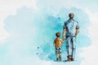 © guo - Fathers' Day card with cute watercolor sketch illustration of dad with son standing together, copy space for poster or social media. High quality