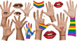 © Anomal - LGBTQ Pride month halftone collage elements set. Grunge cut out from magazine human hands, eyes, lips and rainbow doodles. Trendy modern retro vector illustration