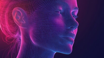 Wall Mural - Woman, digital, face, profile, mesh, network, futuristic, background, abstract, AI