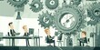 © Pech - Cartoon illustration of business professionals working seamlessly on a gear-driven mechanism in the business process.