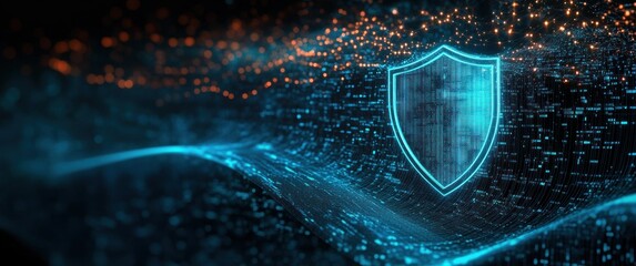 Glowing digital shield floating above a flowing stream of binary code particles representing cybersecurity and data protection
