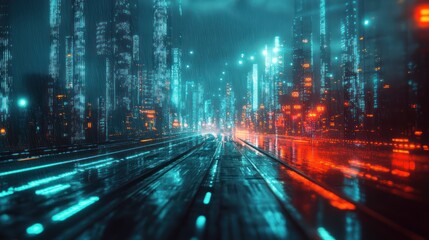Wall Mural - Futuristic city highway, neon lights, rain, digital cityscape, technology background, website banner