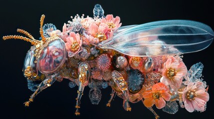 Wall Mural - floral insect 3d render, dark background, design element