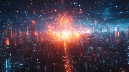 Wall Mural - Futuristic city night, glowing energy, fireworks, cityscape, digital art, background, website banner
