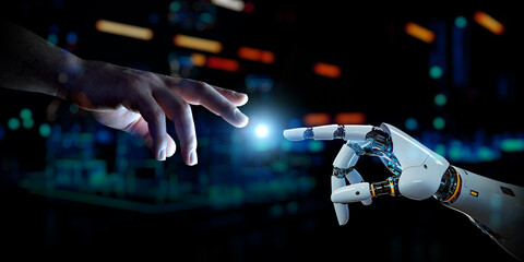 Fototapete - Man hand connecting to a robot on dark tech background with a blue halo at center. Generative ai cyborg hand