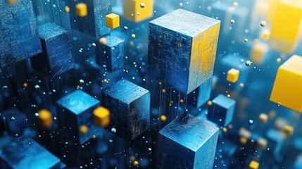 Wall Mural - Blue yellow cubes digital data flow abstract background tech