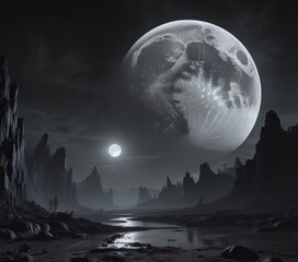 giant, spectral moon dominates inky black sky; haunting landscape , gloomy, astrophotography, horror