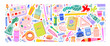 © Anastasiia Hevko - Crayon drawn set of artists painting supplies and stationary. Paint tubes, brushes, palettes and kid's school stationery. Doodle art supplies, funky icons with pencil texture. Colorful painting tools