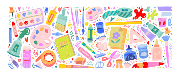 Fototapete - Crayon drawn set of artists painting supplies and stationary. Paint tubes, brushes, palettes and kid's school stationery. Doodle art supplies, funky icons with pencil texture. Colorful painting tools