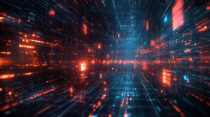 Wall Mural - Digital data streams flow through a futuristic cyberspace tunnel; background glows