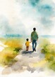 © shu - Watercolor illustration of father and son for Fathers Day card, blank space for text,. High quality