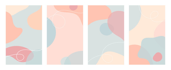 Wall Mural - collection of abstract pastel backgrounds with soft organic shapes and flowing white lines. modern m