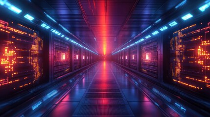 Wall Mural - Futuristic data center corridor, glowing screens, red-blue light, digital technology, server room