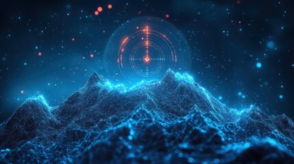 Wall Mural - Futuristic radar targeting mountain range at night