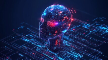 Wall Mural - AI head, digital circuit, glowing network, data processing, future tech