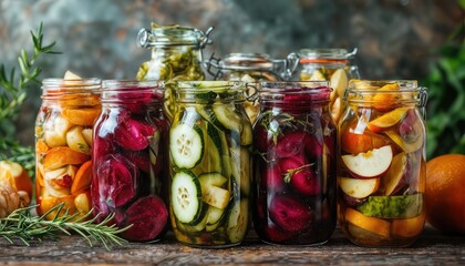 Wall Mural - a colorful assortment of homemade pickled vegetables in glass jars sits amongst fresh herbs and produce on a rustic wooden surface.