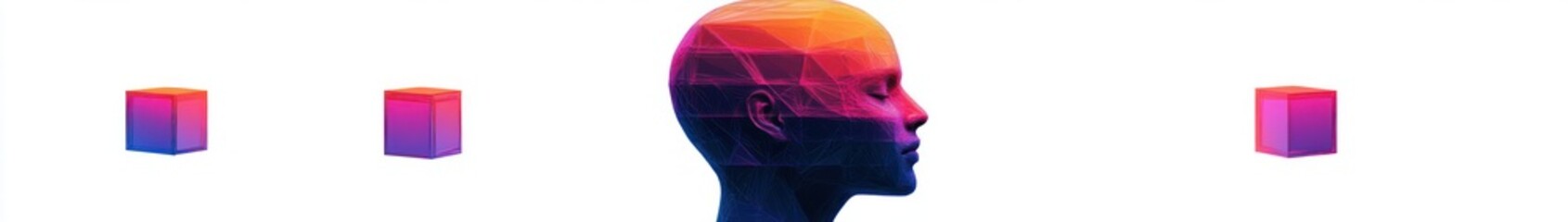 Wall Mural - digital wireframe profile of a human head with vibrant gradient colors surrounded by floating colorf