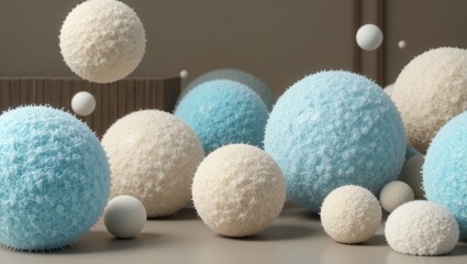 Wall Mural - Abstract Arrangement of Colorful Spheres with Textured Surfaces in a Softly Lit Environment