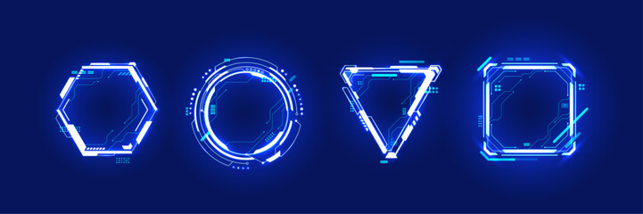 Fototapete - Abstract HUD neon light blue portals with circuit board elements. AI chip, quantum processor. Futuristic technology innovation concept. Bright light neon frames in geometric forms. Digital vector set
