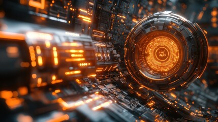 Wall Mural - Futuristic sphere rolling through orange circuit, tech background, digital art