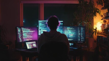 A programmer working in a modern, dim environment