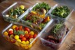© Svitlana - Prepared Healthy Meals in Food Containers featuring Roasted Salmon, Chicken, Kale, Tomatoes and Broccoli on Wooden Surface