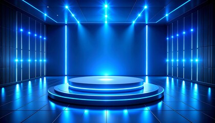 Wall Mural - 3d render of sleek technology stage with luminous platform, spotlighted blue accents and reflective 