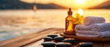 Tranquil spa setting at sunrise by the water.