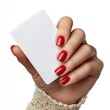 © VisionCrafter - A woman's hand gracefully holding a blank business card against a neutral background to convey professionalism and opportunities on white background