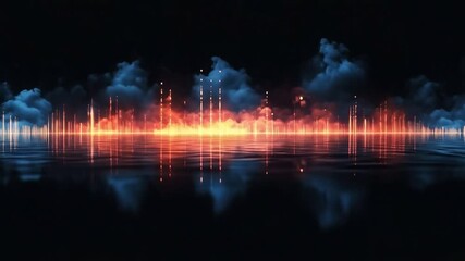 Aufkleber - A stunning visual display features vibrant neon light patterns interacting with sound waves. The reflection on the water creates an ethereal ambiance, enhancing the atmospheric experience at night.