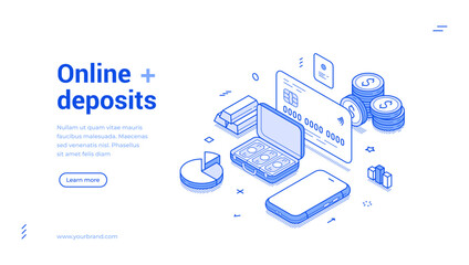 Wall Mural - online deposit financial banking money savings management web banner isometric vector illustration. 